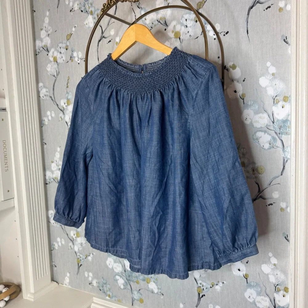 LOFT Womens Blue Lyocell Chambray Smocked Neck Blouse Long Sleeve Top Small